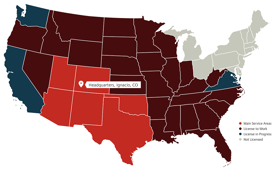 Map depicting states in the US that energy infrastructure and heavy civil construction provider Crossfire Aggregate is licensed to work